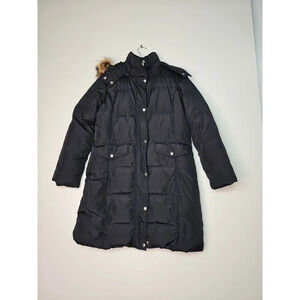 Michael Kors Black Long Puffer Coat Faux Fur Trim Hood Medium